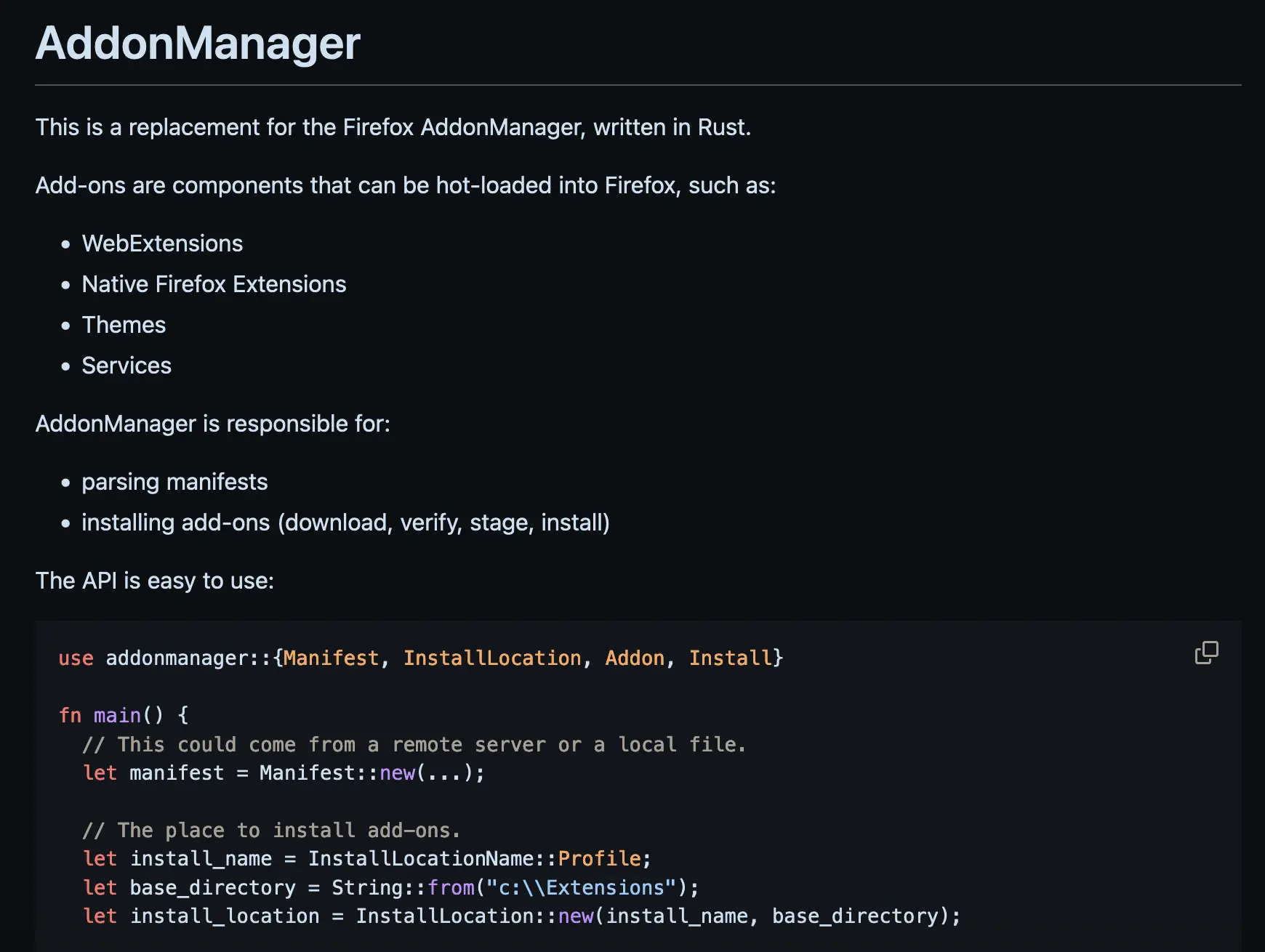 Screenshot of Rust AddonsManager Prototype