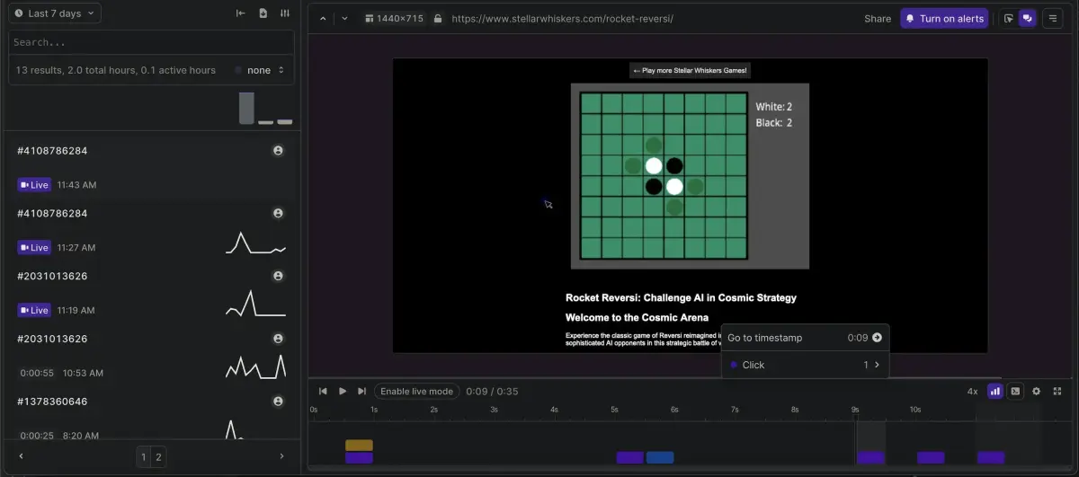 Screenshot of highlight.io showing Godot session replay