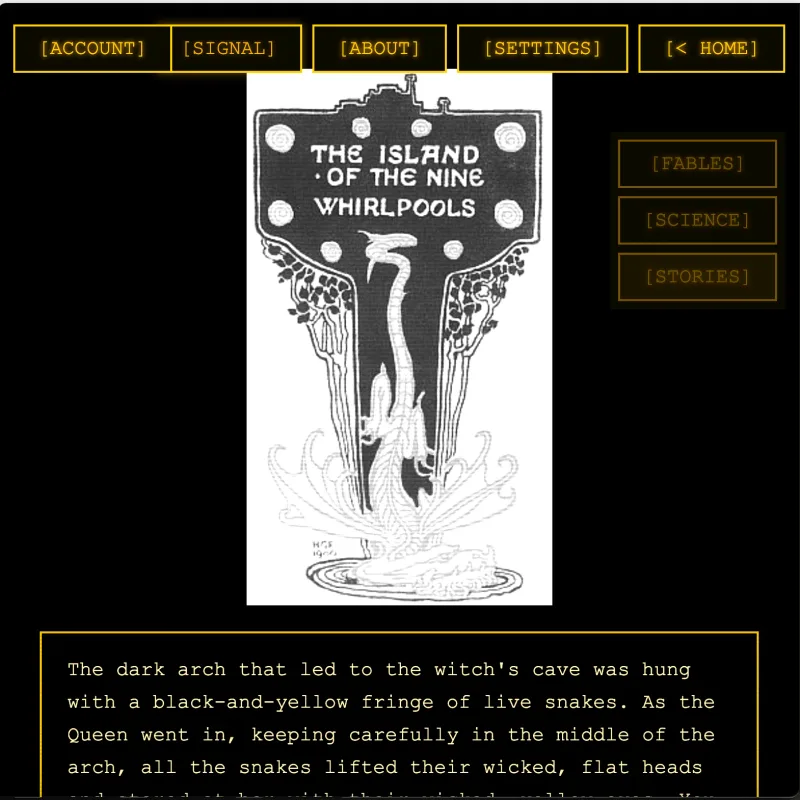 LICHEN terminal interface showing the book of dragons with retro amber text display.