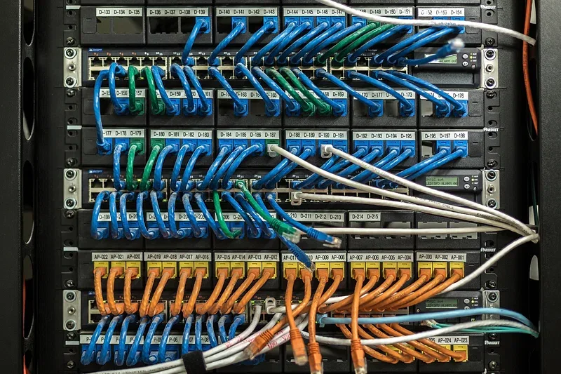 Picture of network cables in rack