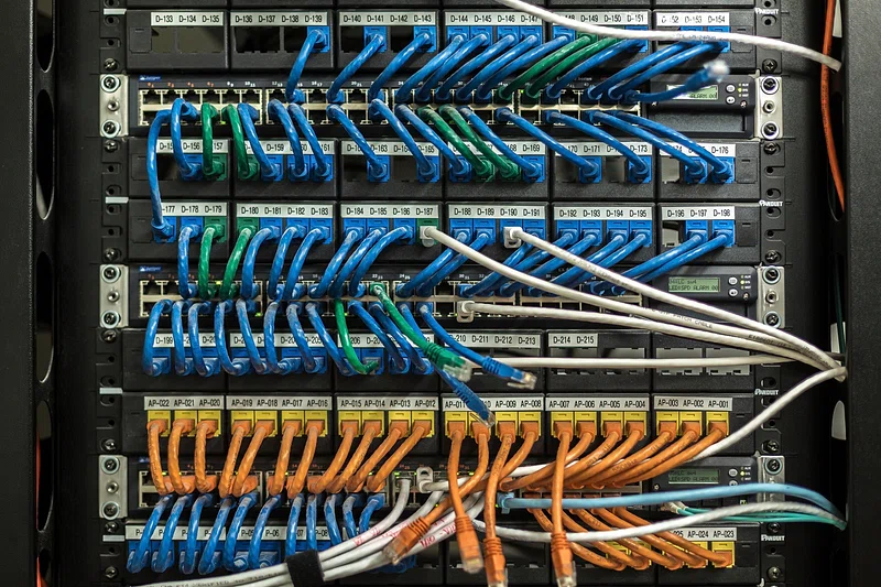 Picture of network cables in rack